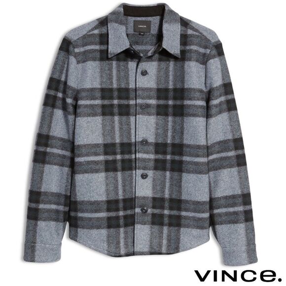 Vince **NWT** Heavy Knit Brushed Flannel Plaid Shirt Jacket in Heather Blue - Picture 5 of 16